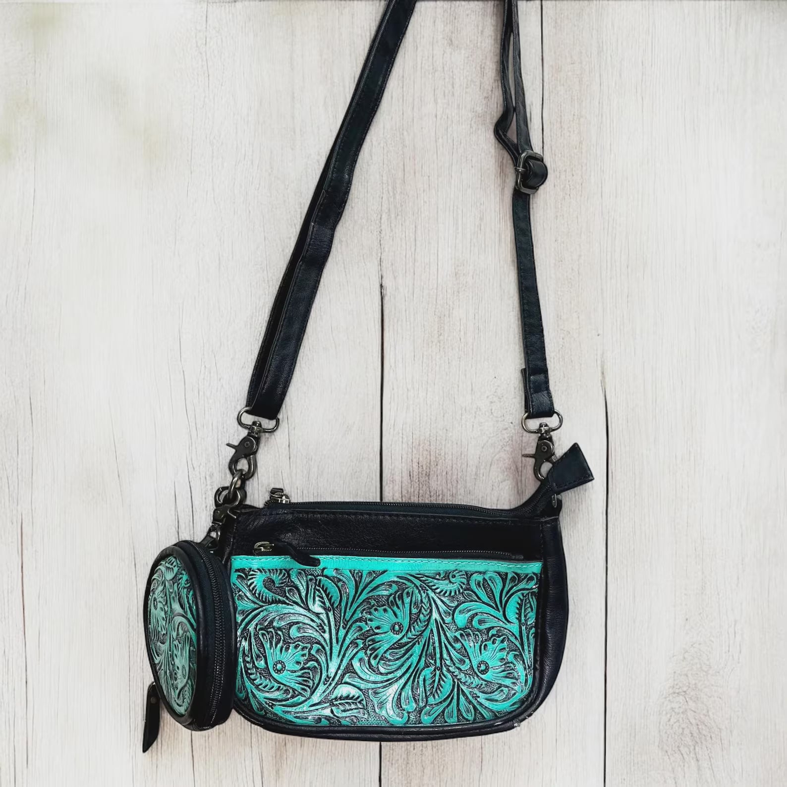 Turquoise tooled leather crossbody bag - Handmade leather women purse